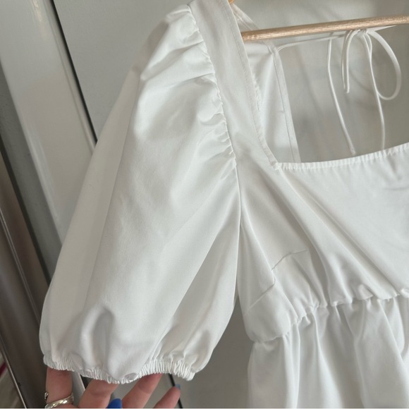 H&M Tie Detail Puff-Sleeved Peplum Blouse. White. Size: Large. - Picture 3 of 7